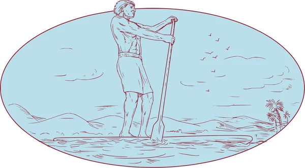 Cara Stand-Up Paddle Tropical ilha Oval desenho —  Vetores de Stock