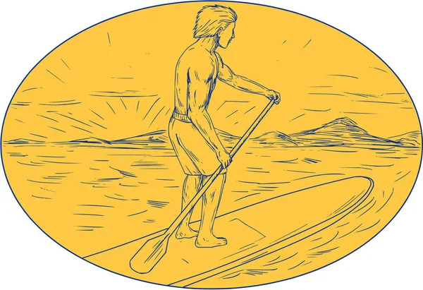 Koleś Stand Up Paddle Board Drawing owalne — Wektor stockowy