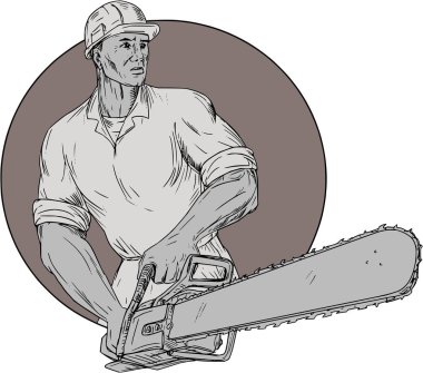 Oduncu Arborist Chainsaw Oval çizim Holding