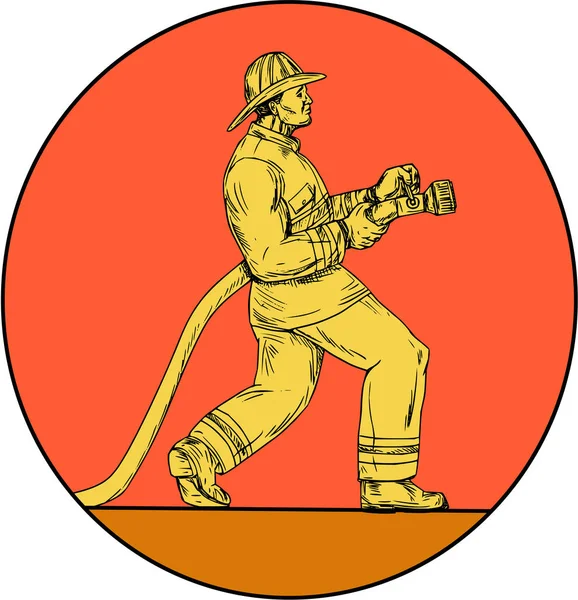 Strażak Firefighter gospodarstwie węża pożarowego koło rysunku — Wektor stockowy