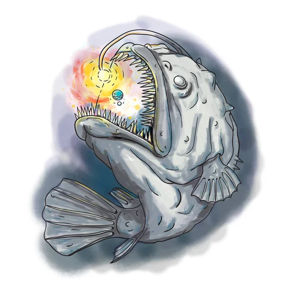Anglerfish Swooping up Solar System Lure Watercolor — Stock Photo, Image