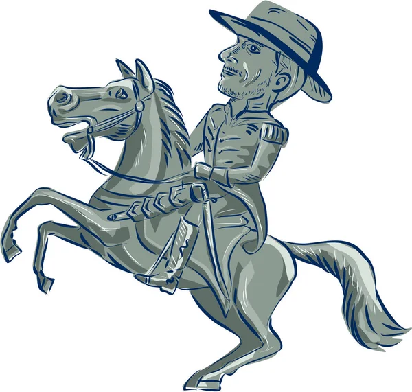 Oficial de Cavalaria Americano Montando Cavalo Prancing Cartoon —  Vetores de Stock