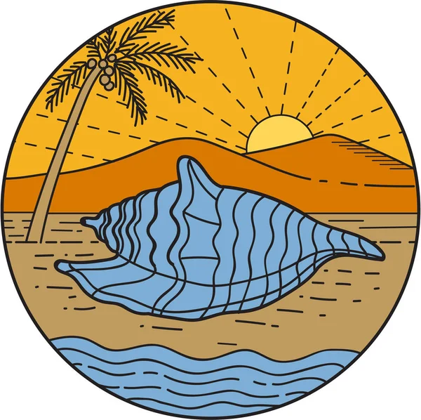 Conch Shell on Beach Mountain Sun Coconut Tree Mono LIne — Stock Vector