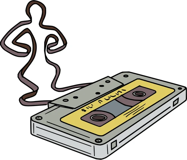 Compact Cassette Tape Man Dancing Mono Line — Stock Vector