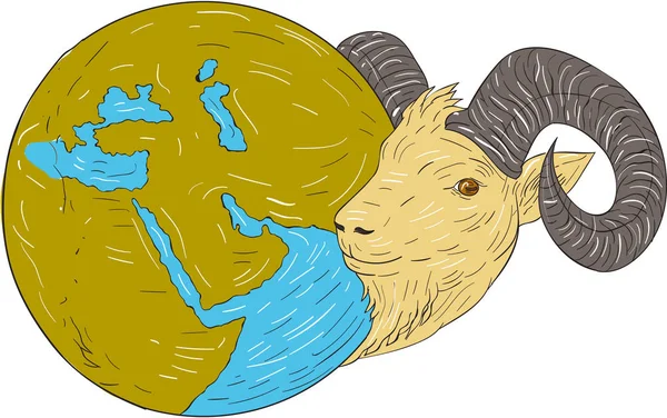 Ram Head Medio Oriente Globe Dibujo — Vector de stock