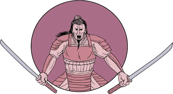 Raging samurai guerriero due spade disegno ovale — Vettoriale Stock