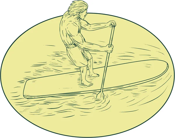 サーファーの男立ち上がるパドル楕円形図面 — ストックベクタ