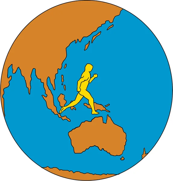 Marathon Runner Correr alrededor del mundo Asia Pacífico Dibujo — Vector de stock