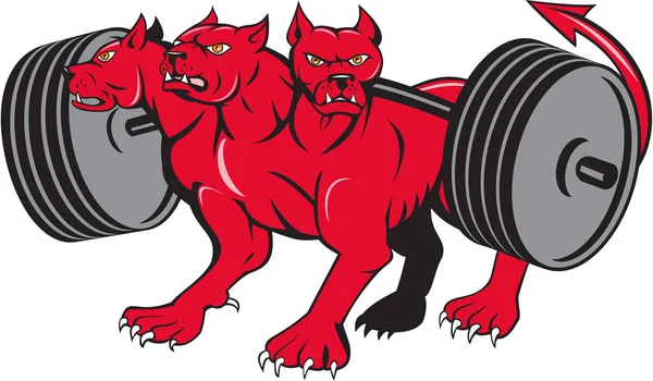 Cérbero cão várias cabeças Hellhound Powerlifting Barbell Cartoon —  Vetores de Stock