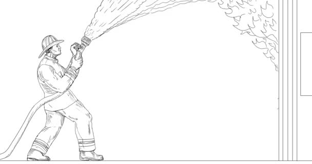 Firefighter Hosing Down House on Fire 2D Animation — Stock Video