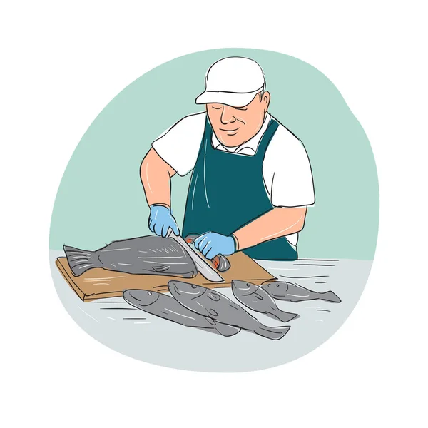 Fishmonger Cutting Fish Cartoon — Stock Vector