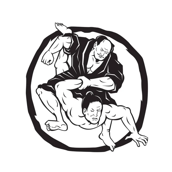 Samurai Jiu Jitsu Judô Desenho de Luta — Vetor de Stock