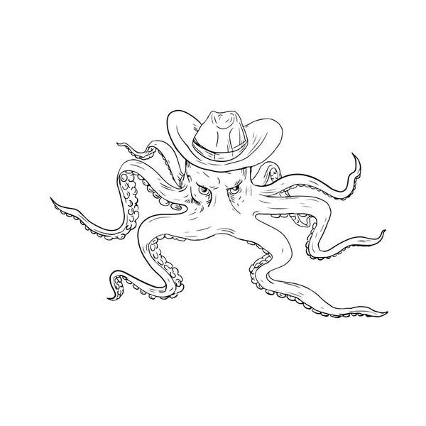 Octopus klädd i cowboyhatt ritning — Stock vektor