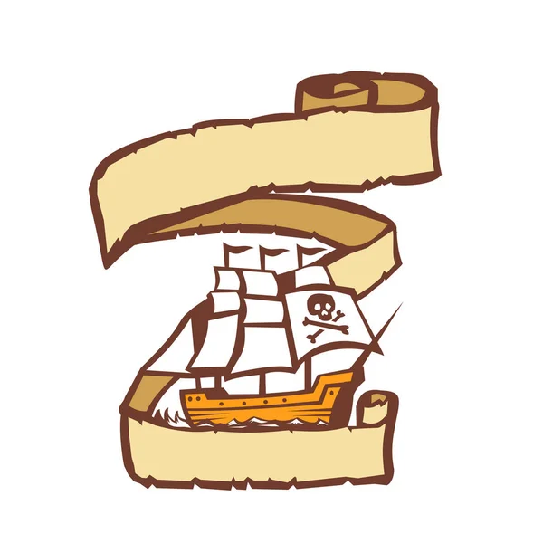 Barco pirata Sailing Scroll Retro — Vector de stock