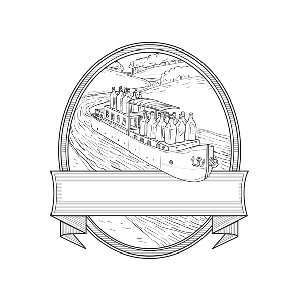 Bouteilles de Gin sur Barge River Oval Line Dessin — Image vectorielle