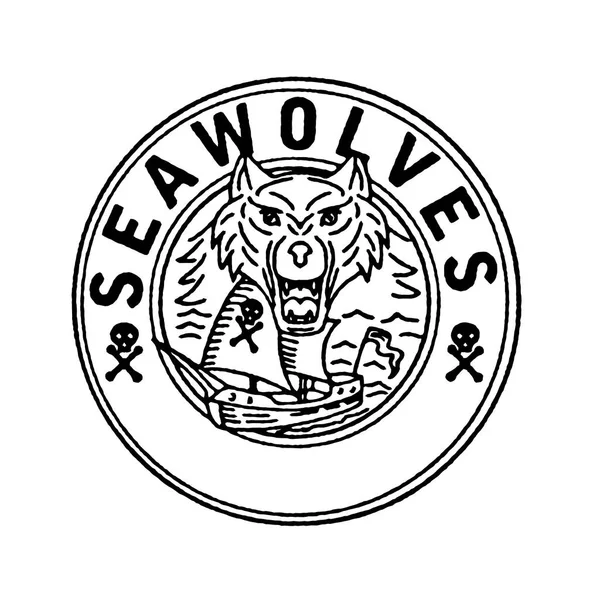 Sea Wolf piraat zeilen schip cirkel lijntekening — Stockvector