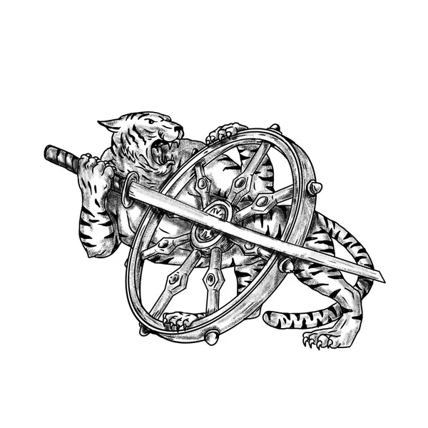 Tiger With Katana and Dharma Wheel Tattoo — Stock Photo, Image