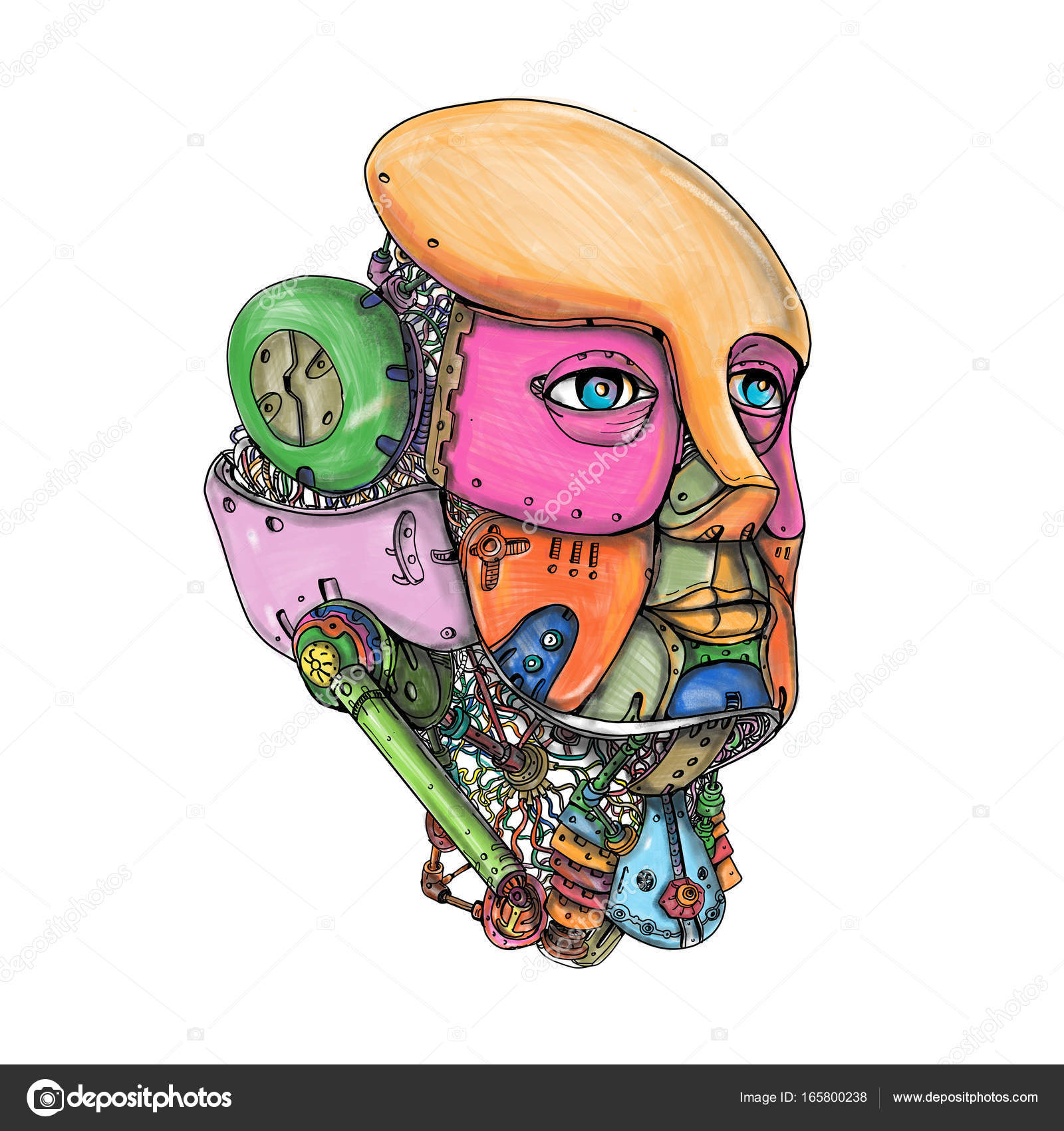 Female Humanoid Robot Head Tattoo Stock Illustration by