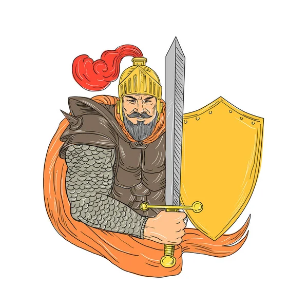 Dibujo de escudo de espada caballero viejo — Vector de stock