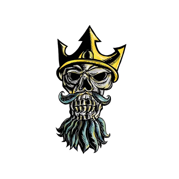 Skull of Neptune Trident Crown Head  Woodcut