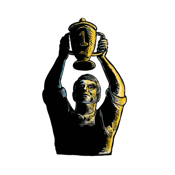 Worker Winning Championship Trophy Cup Woodcut — Stock Photo, Image