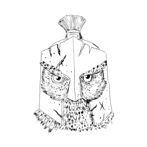 Horned Owl Spartan Helmet Drawing — Stock Vector