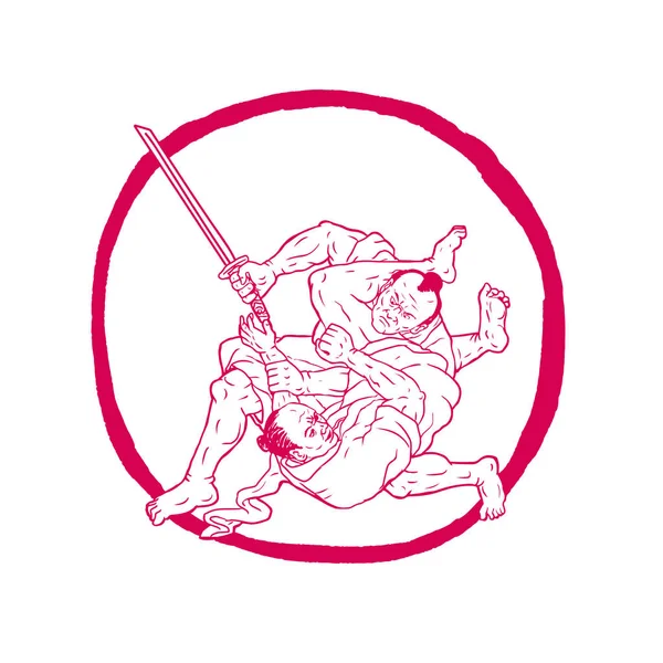 Samurai Jui Jitsu Lucha contra el dibujo Enso — Vector de stock