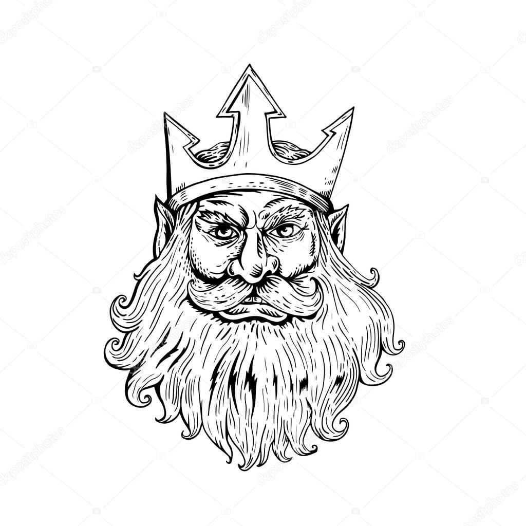 Poseidon Wearing Trident Crown Woodcut