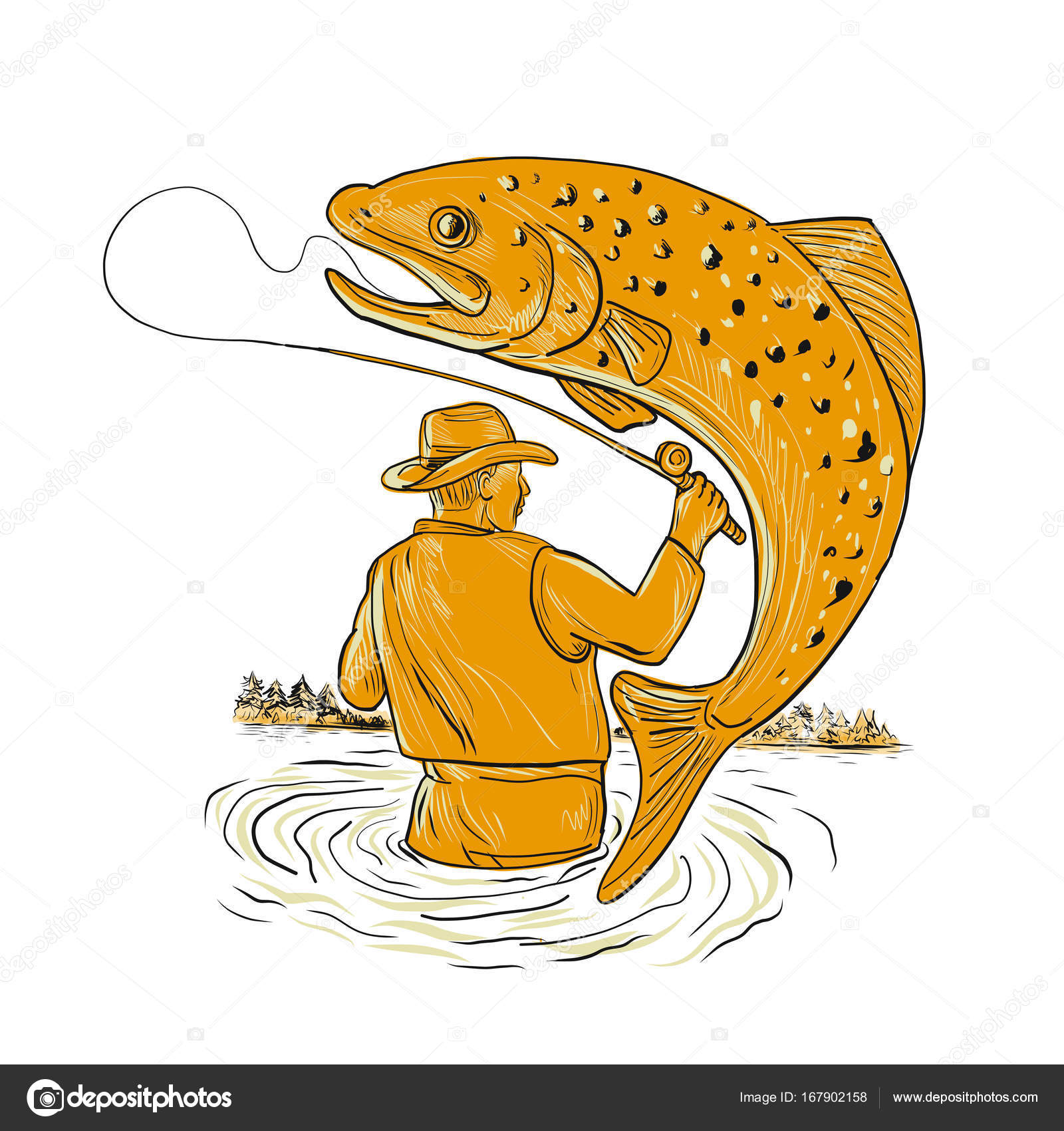 Fly Fisherman Reeling Trout Drawing Stock Vector by ©patrimonio 167902158