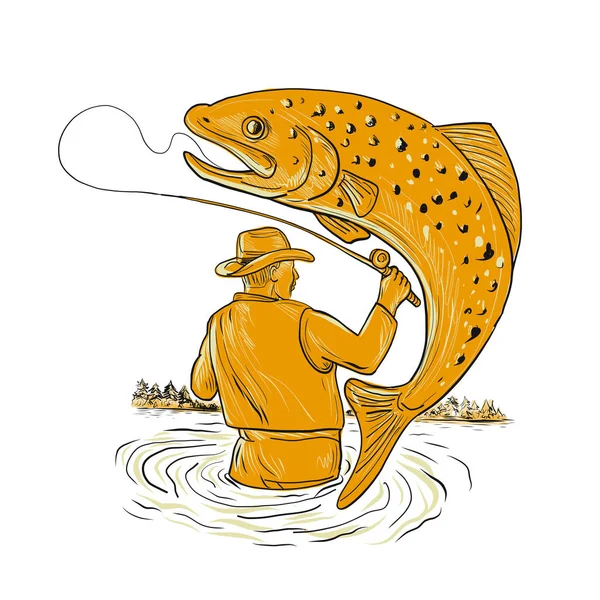 Mosca pescador carrete trucha dibujo — Vector de stock