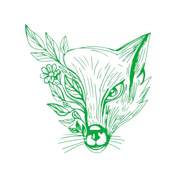 Fox Head With Flower and Leaves Drawing — Stock Vector