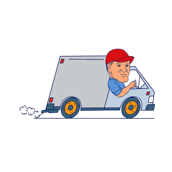Entrega hombre conducción camión van de dibujos animados — Vector de stock