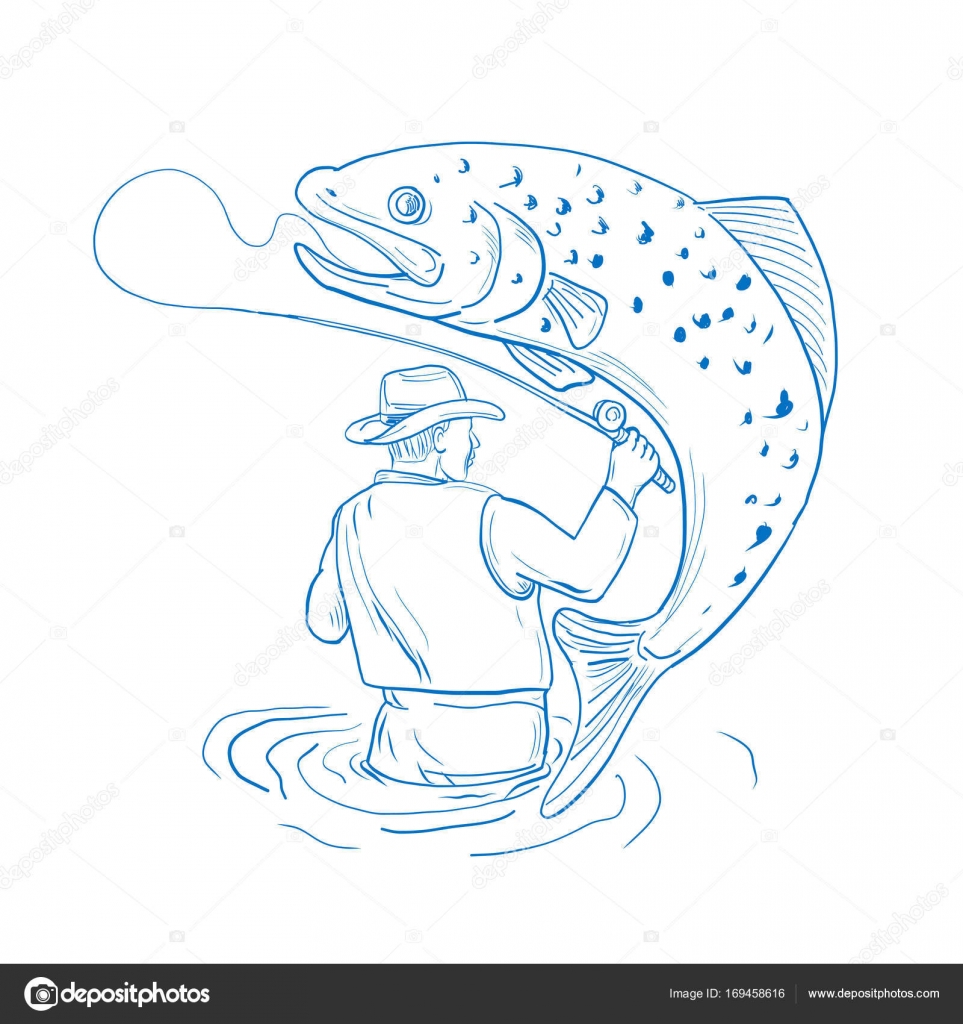 Fly Fisherman Trout Fishing Drawing Stock Vector by ©patrimonio