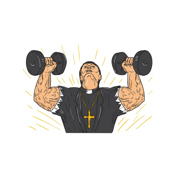 Ripped Priest Exercise Dumbbell Drawing — Stock Vector