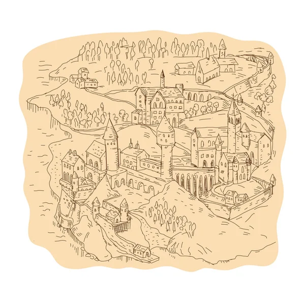 Dibujo del mapa de fantasía medieval — Vector de stock