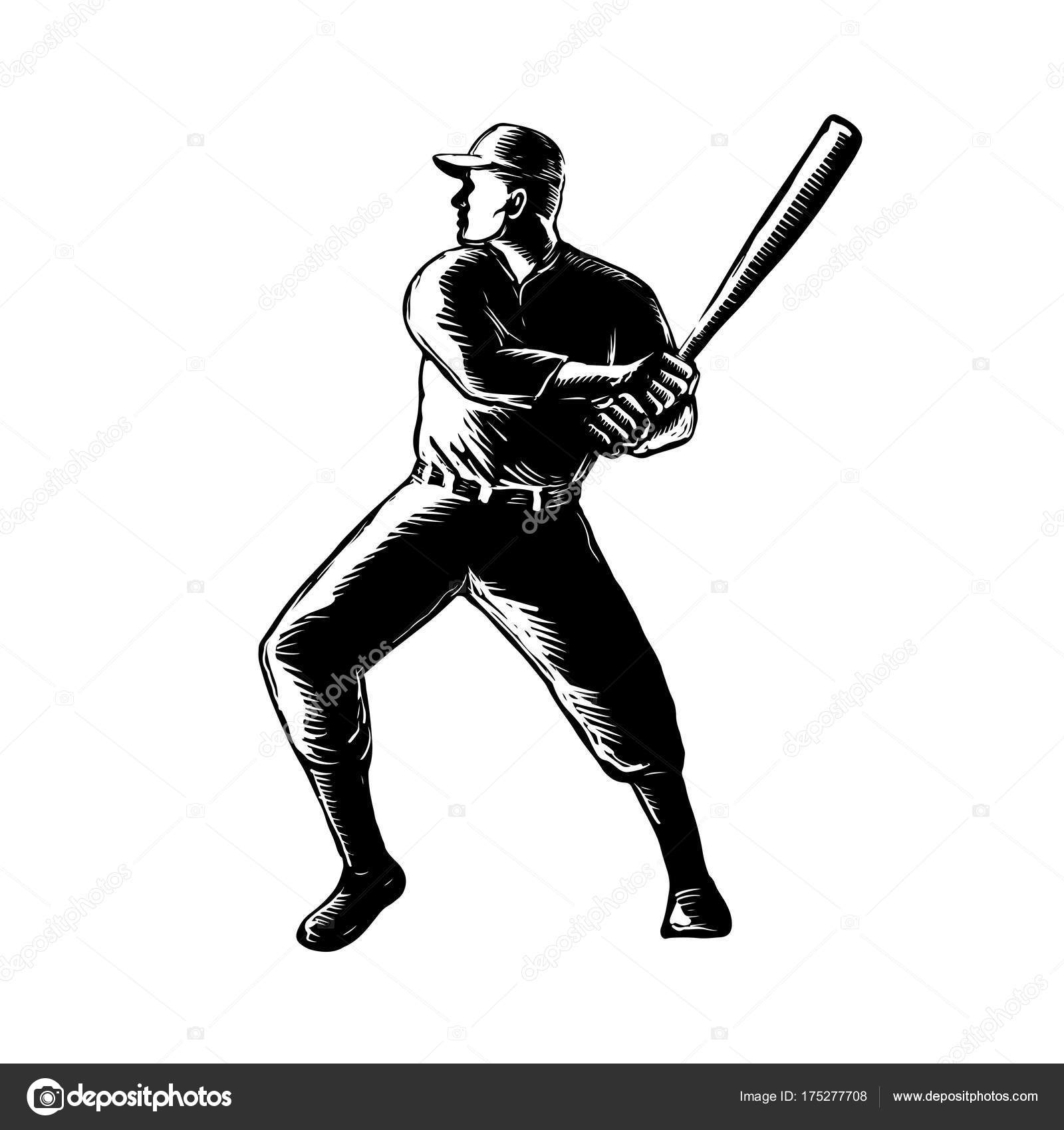 黒と白で隔離された背景の側から見たバッティング野球選手のレトロな木版画イラスト ストックベクター C Patrimonio