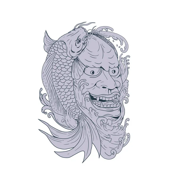 Hannya Maske Und Koi Fisch Zeichnung — Stockvektor