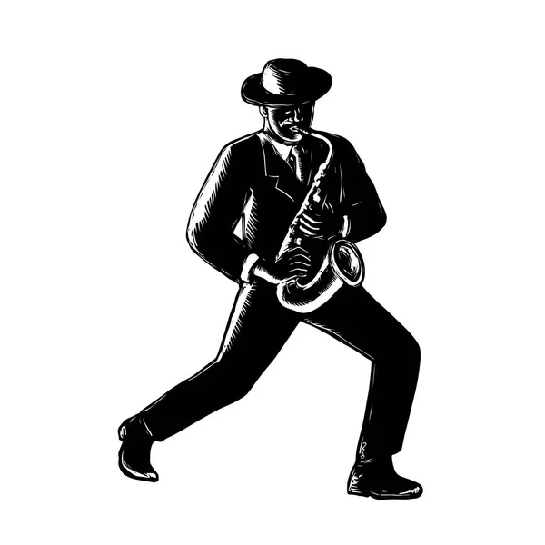 Retro Holzschnitt Illustration Eines Afrikanisch Amerikanischen Schwarzen Jazzmusikers Der Saxofon — Stockvektor