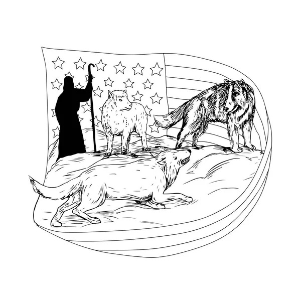 牧羊犬のボーダーコリー図面スケッチ イラストを攻撃し アメリカの星条旗の旗と Bakcground の羊飼い羊が食い物にされてから羊を守るため — ストックベクタ