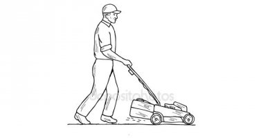 ultra yüksek çözünürlüklü bir çim biçme makinesi ile 4 k Alfa mat beyaz ekran, yeşil ekran tarafında çim biçme iterek bir bahçıvan gösterilen 2d animasyon hareketli grafikler.