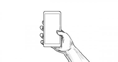 cep telefonu veya cep telefonu çizim stili ile 4 k Alfa mat beyaz ekran, yeşil ekranda bitmiş tutan bir el ultra yüksek çözünürlüklü gösterilen 2d animasyon hareketli grafikler.