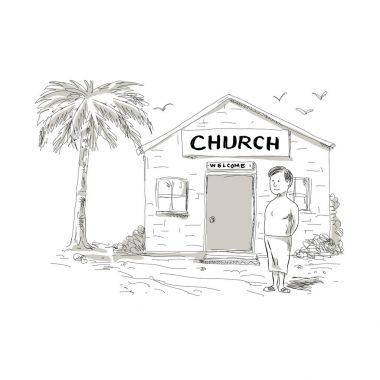 Kilise karikatür Samoalı çocuk beklemede