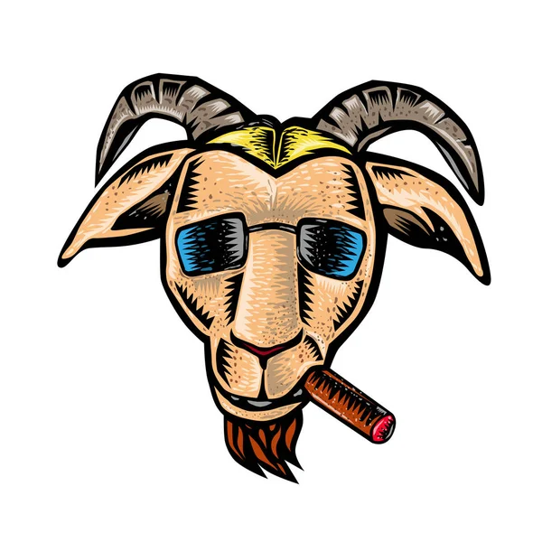 Lunettes de soleil Hipster Goat Cigar Woodcut — Image vectorielle