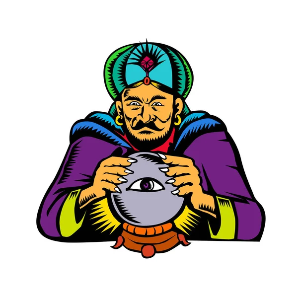 Teller de la fortuna con Crystal Ball Woodcut — Vector de stock