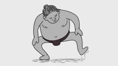 2D animasyon hareketli grafikler stomping bir Japon sumo güreşçisi gösterilen çizim stili Hd yüksek çözünürlüklü beyaz ekran üzerinde yapılan Asansör tören stomping tekniği kullanarak kendi ayakları.