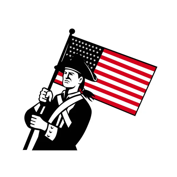 Patriota americano sosteniendo bandera retro — Archivo Imágenes Vectoriales