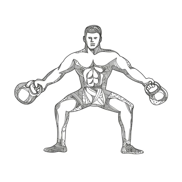 Fitness Atleta Levantamiento Kettlebell Doodle Art — Vector de stock