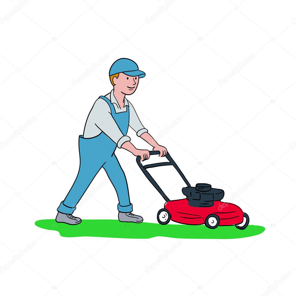 Gardener Mowing Lawn Cartoon