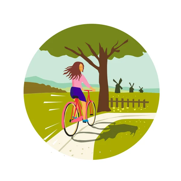 Chica montando bicicleta hasta árbol círculo retro — Archivo Imágenes Vectoriales