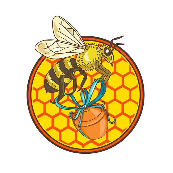 Bumblebee transportando mel Pot Círculo de colmeia — Vetor de Stock